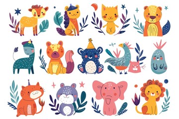 Group of colorful cartoon animals in different poses