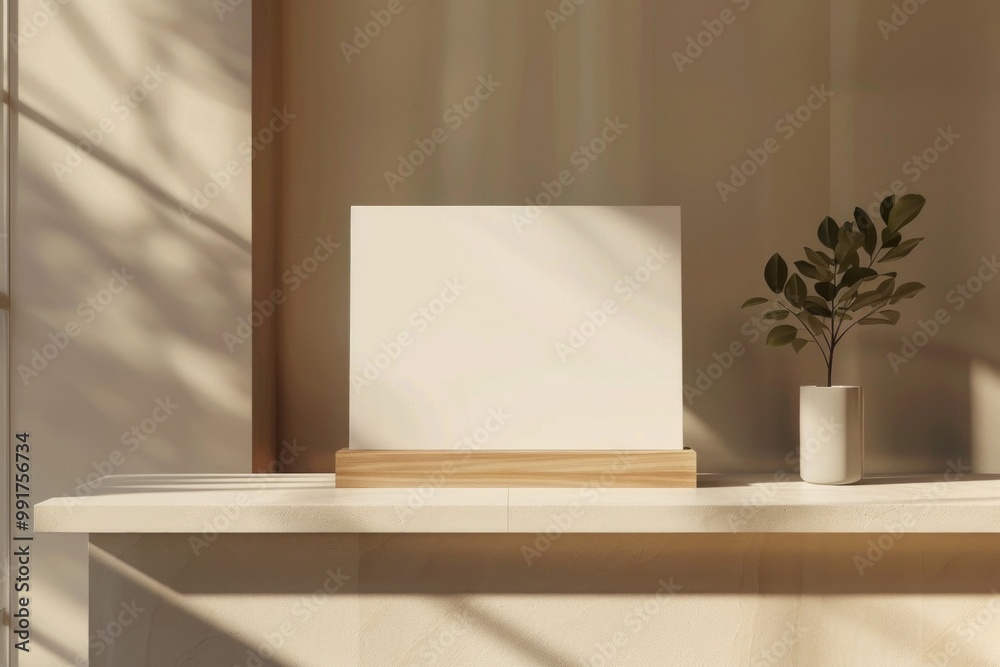 Poster A decorative picture frame sits on a table beside a potted plant, perfect for displaying memories or adding a touch of greenery to your space