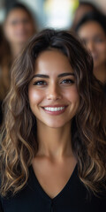 Fototapeta premium A woman with long brown hair is smiling and wearing a black shirt