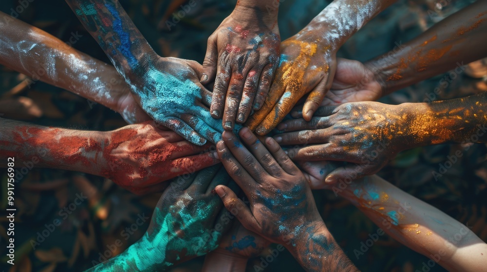 Poster group of people forming a circular hand hold, representing unity and community