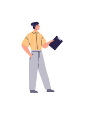 A young person in casual professional attire holds a clipboard while standing confidently. Ideal for work, office, business, productivity, preparation. Modern minimalist design