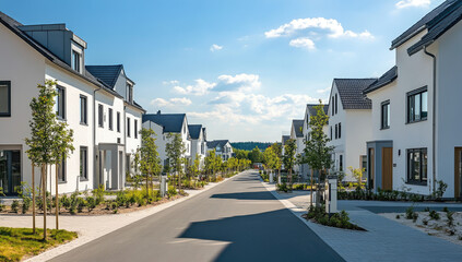 A modern new development in Germany, with suburban houses featuring beautiful landscaping and roads with pavements