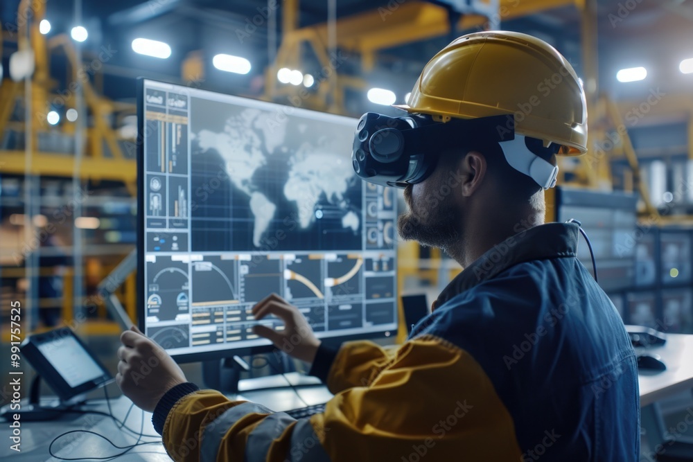 Poster A man in a hard hat sits at a desk using a computer, possibly for work-related tasks