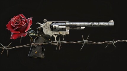 A gun and a rose sit together on a barbed wire fence, symbolizing contrasting themes