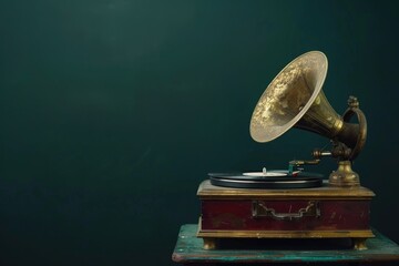 A vintage record player on a wooden table, ideal for music-themed or nostalgic settings