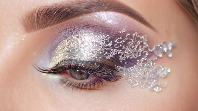 A close-up view highlights a beautifully crafted eye makeup look with shimmering silver accents and purple shades, showcasing artistic talent in cosmetics
