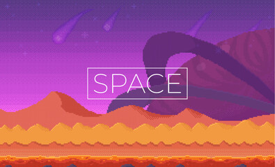 Alien desert landscape with mountains and sand dunes under a purple sky with meteors and large tentacles. Ideal for sci-fi themes, video games, fantasy settings, outer space exploration, and