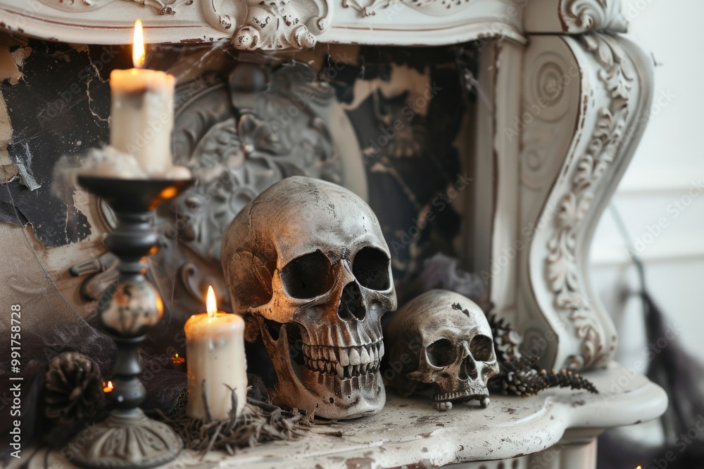 Poster A dark and mysterious scene featuring skulls and candles on a table, accompanied by a mirror