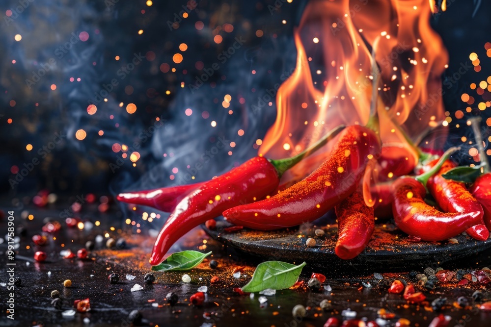 Poster freshly harvested hot peppers arranged on a dark-colored plate, perfect for adding a pop of color to
