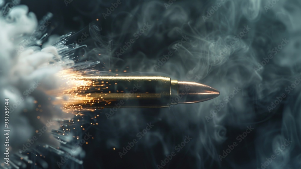 Poster a close-up shot of a bullet with smoke emanating from the tip, ideal for use in crime scene or milit
