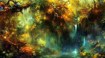 Fototapeta premium Painting of a waterfall surrounded by trees and plants