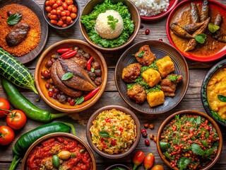 Fototapeta premium A Vibrant Display of Traditional Ghanaian Dishes Featuring Colorful Ingredients and Unique Flavors