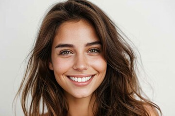 Naklejka premium Dark brown hair woman portrait on white background, focusing on beauty and wellness.