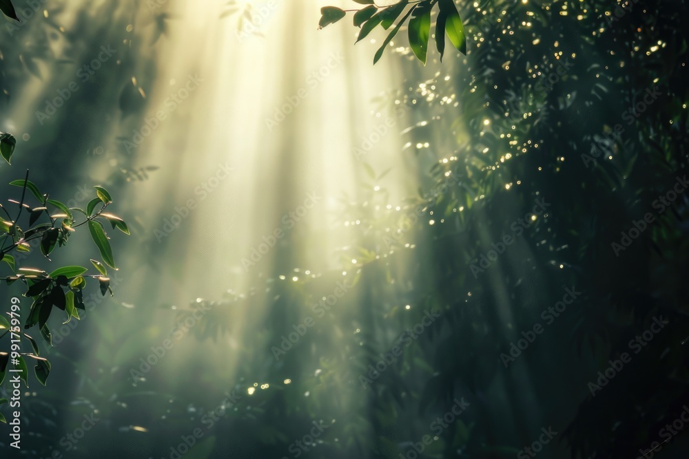 Poster Trees illuminated by sunlight in a dense forest environment