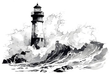 Lighthouse. Ink sketch of lighthouse in storm. Black and white illustration lighthouse and waves. Watercolor lighthouse.
