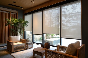 Obraz premium Stylish interior featuring large roller blinds and wooden decor panels in a contemporary space during daylight hours