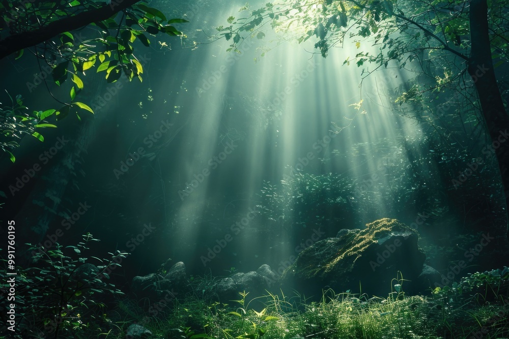 Poster A serene forest scene with sunlight filtering through the trees