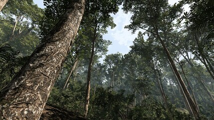 Fototapeta premium A lush group of trees, surrounded by dense foliage, stands tall against a clear blue sky adorned with delicate cloud formations