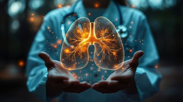 Doctor shows human lungs on blurred background, Doctor show digital image of human lungs. 