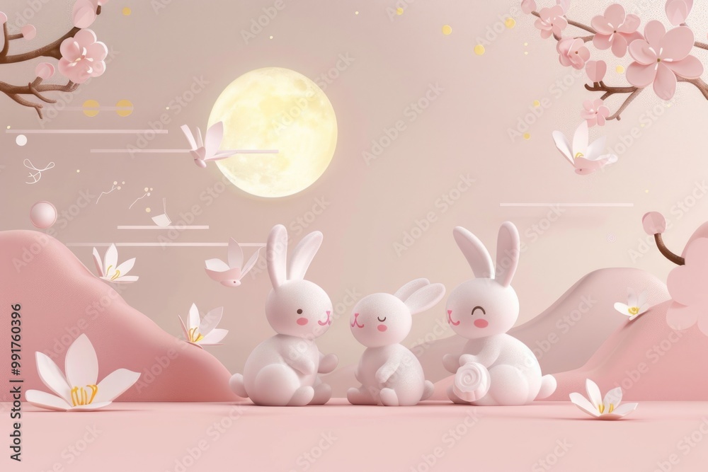 Sticker Group of white rabbits siting on a bright pink field, perfect for illustration or design