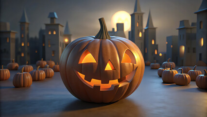 Fototapeta premium Brightly lit pumpkin decorations around the city for the holiday. Halloween theme. Blurred background for emphasis.