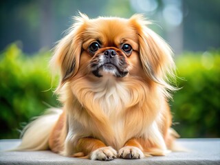 Adorable Short-Haired Pekingese Dog Sitting Gracefully on a Soft Surface with Playful Expression