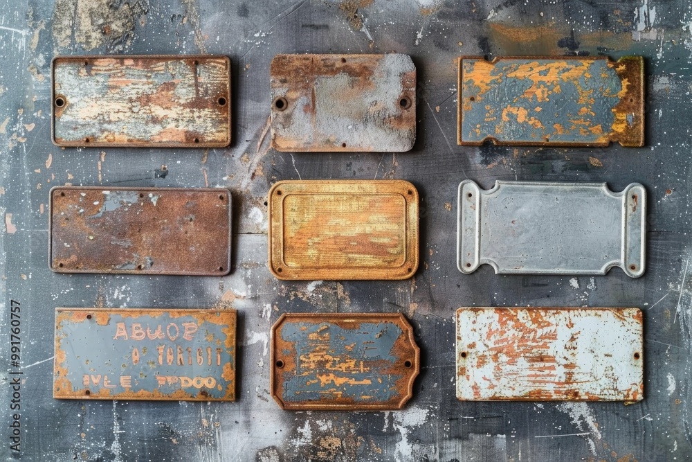 Poster A collection of old metal trays with rust and corrosion, placed on a table