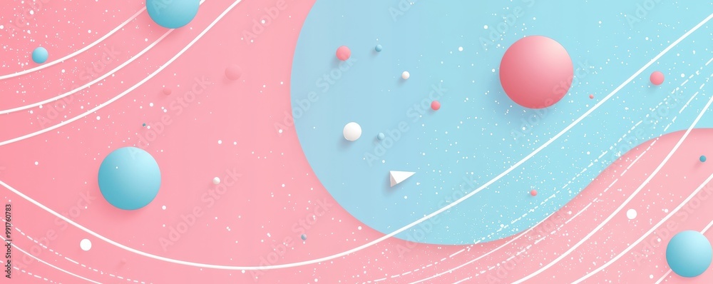 Wall mural Cute flat background design with pink and blue spheres on a pastel abstract surface with dynamic lines