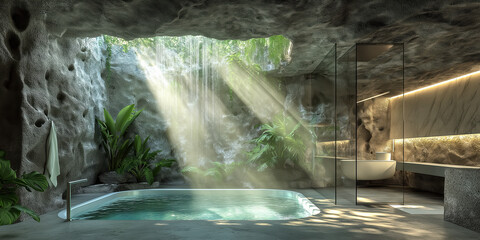Luxurious Underground Cave Bathroom with Waterfall and Natural Light