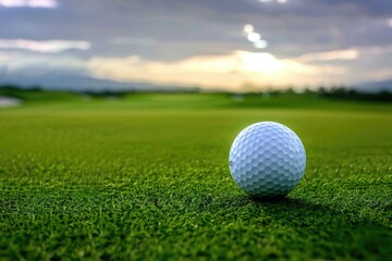 A single golf ball sits atop a vibrant green grassy field, perfect for use in sports-themed designs or outdoor settings