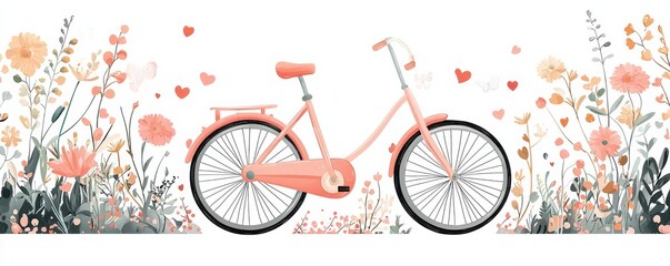 Fototapeta premium Charming pink bicycle surrounded by beautiful floral decorations and hearts for a whimsical garden scene