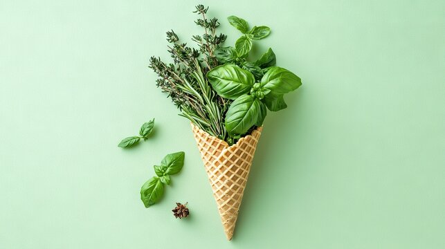   An ice cream cone filled with fresh herbs atop a minty green background, featuring a classic ice cream cone shape