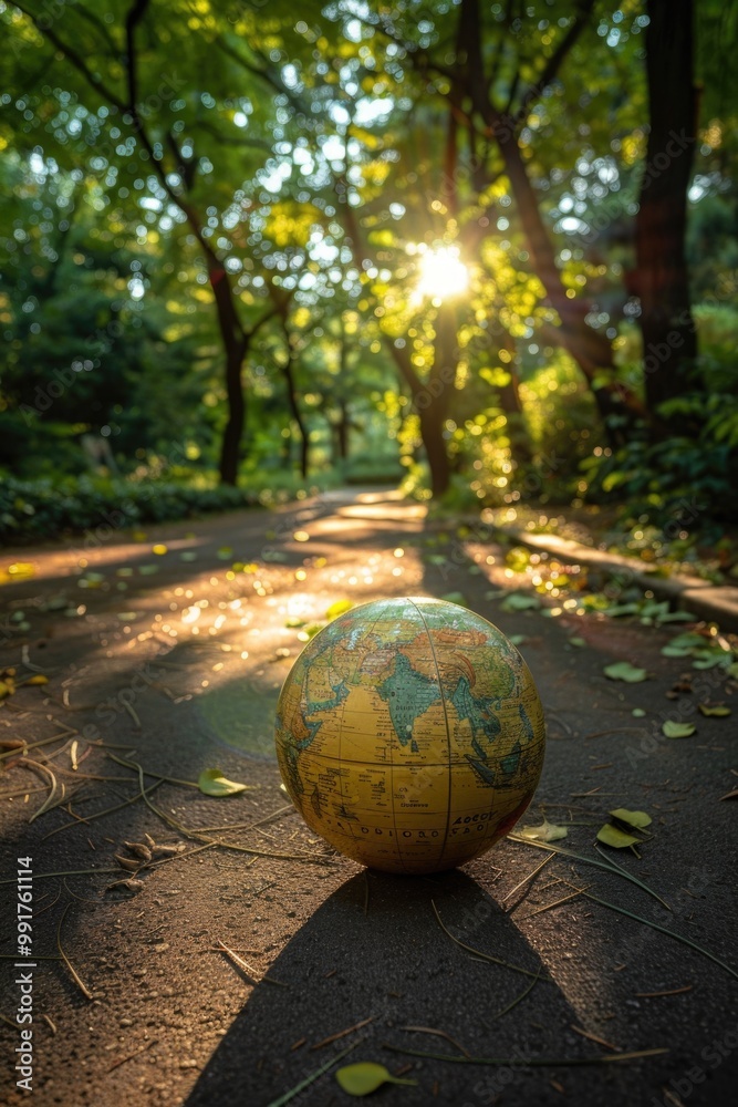 Aufkleber a globe sits on the ground in the middle of a forest, surrounded by trees and foliage