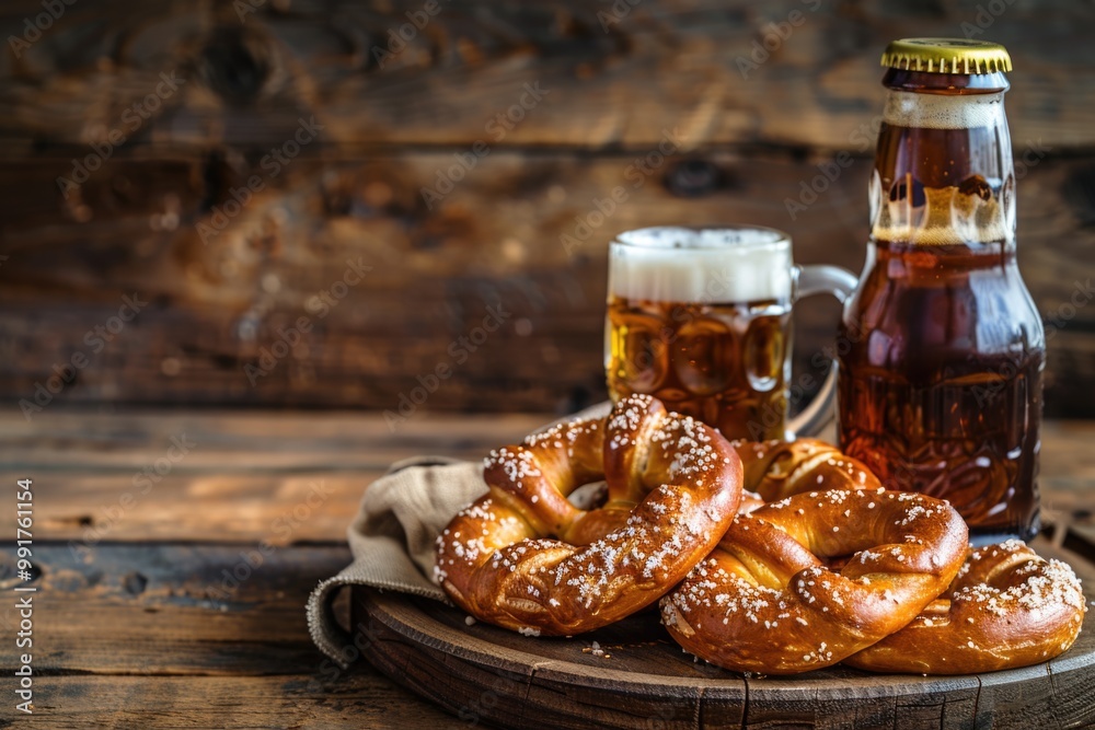 Poster A plate of soft pretzels served with a chilled bottle of beer, perfect for a casual gathering or sporting event