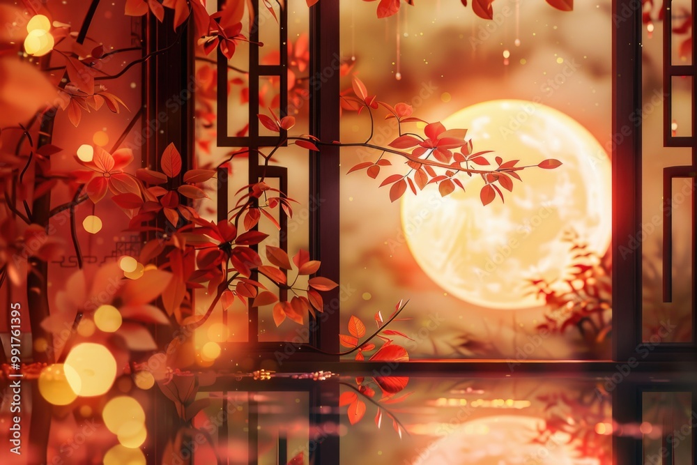Aufkleber a serene night scene with the full moon shining through a window