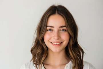 Obraz premium Elegant woman with dark brown hair, posing on a clean white background, stylish