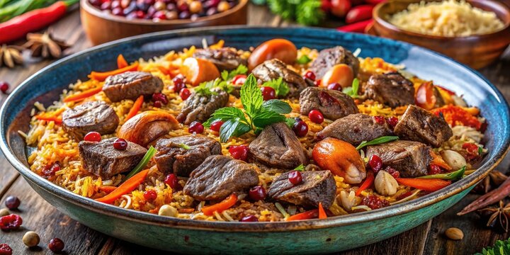 Aromatic Qabuli Pulaw with Tender Lamb, Carrots, Nuts, and Fragrant Spices on a Rustic Table Setting