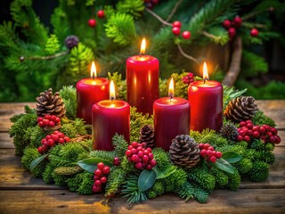 Beautiful Advent Candle Wreath with Greenery and Candles for Holiday and Christmas Celebrations