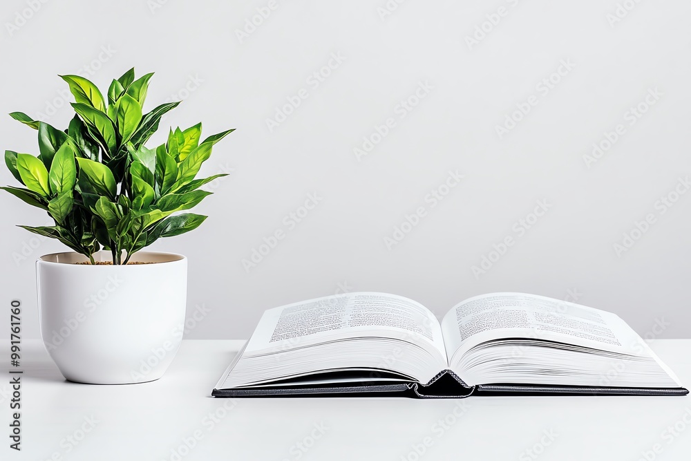 Poster A minimalist desk with a single book, open to a page with simple text and a clean, white background