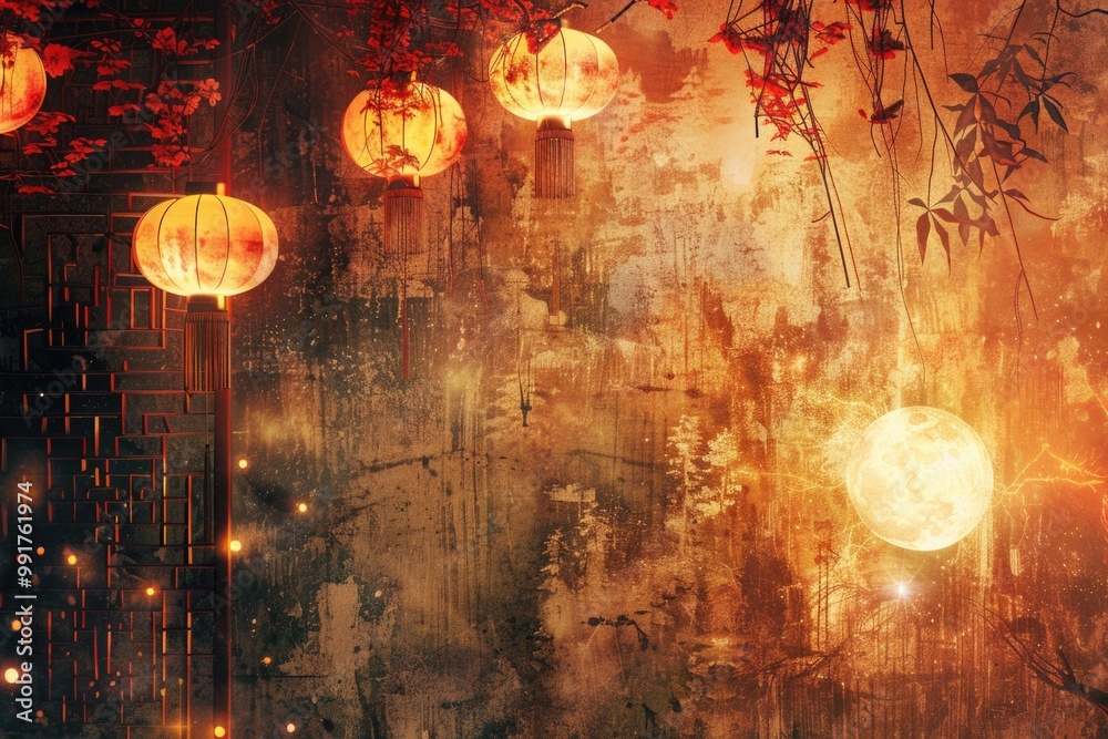 Poster a decorative arrangement of lanterns hangs from a tree branch