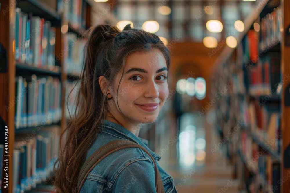Aufkleber A woman stands in front of a bookshelf in a library, surrounded by books