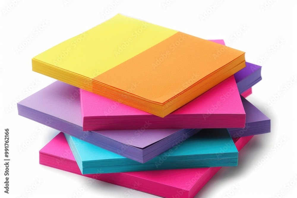 Poster a collection of colorful sticky notes stacked on a white surface, ideal for note-taking or organizat