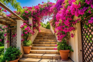 Naklejka premium Beautiful trellis stair adorned with vibrant bougainvillea flowers in a serene outdoor setting