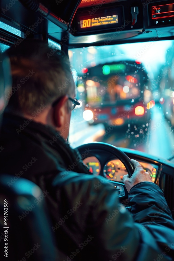 Poster a person behind the wheel of a bus navigating through a rainy day