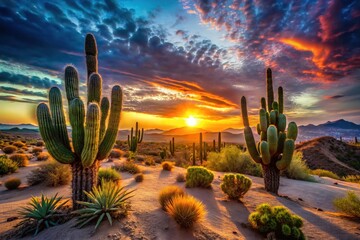 Breathtaking Desert Sunset Over Dunes with Vibrant Colors and Dramatic Silhouettes of Cacti