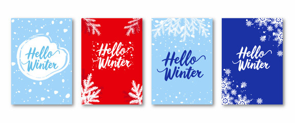 Christmas cards and invitations. Set of hello winter cards, falling snow, snowflakes and Christmas tree branches on a blue and red background. Illustration design for cover, poster, wallpaper.