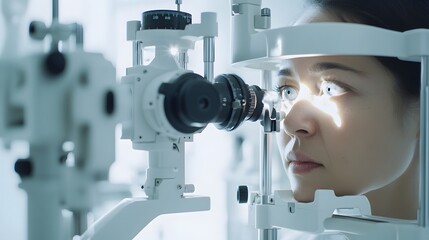 A patient getting an eye examination with advanced optical equipment in a bright, modern clinic