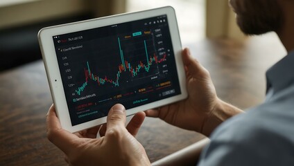Person holding a tablet with a graph on screen.