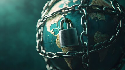 A globe secured by chains and a lock, symbolizing global security, protection, and privacy in a digital world.