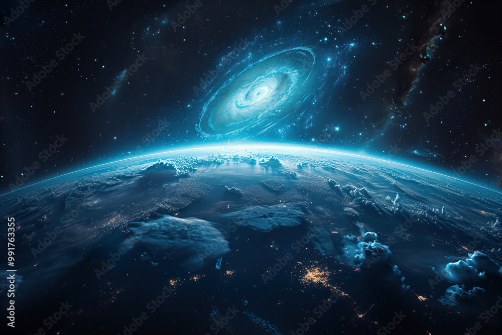 Wall mural spacescape of swirling galaxiy near planet earth